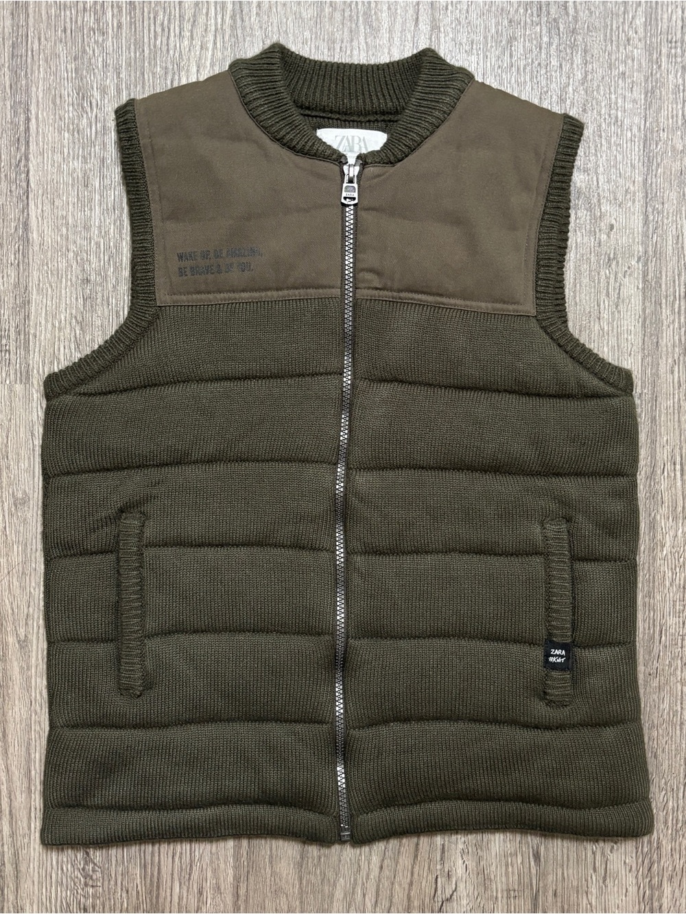 Zara Kids Knit Puffer Vest Olive Green Full Zip Size 9-10 140
